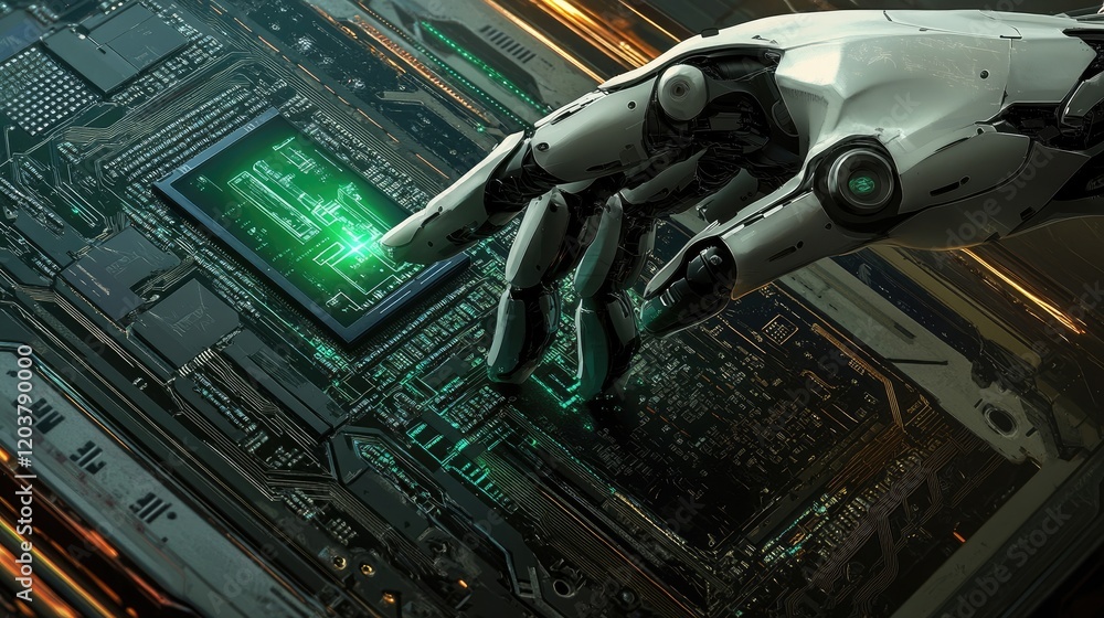 Fototapeta premium A high-tech robotic arm placing a small component onto a circuit board with accuracy.
