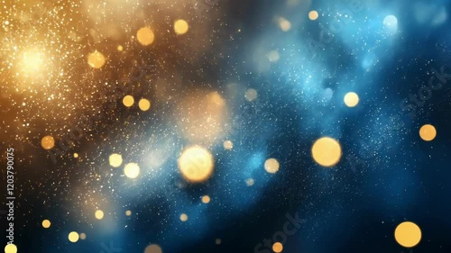 Enchanting bokeh lights in motion: glowing particles in blue and gold dance across a dreamy background
