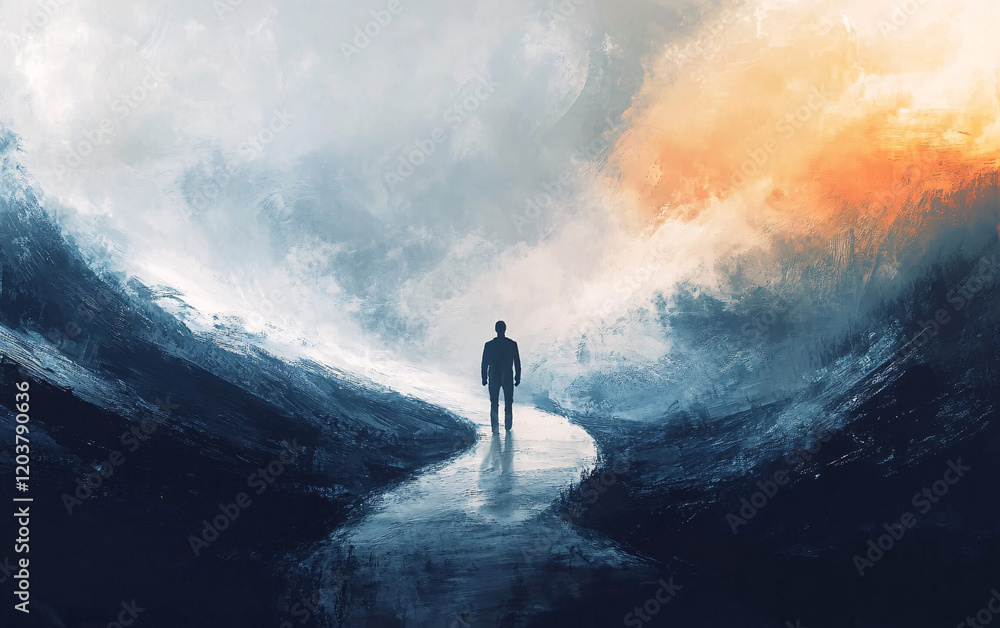 Atmospheric Illustration of a Person Standing at a Misty Crossroads, Symbolizing Decisions, Choices, and the Journey of Life Atmospheric Illustration of a Person Standing at a Misty Crossroads, Symbolizing Decisions, Choices, and the Journey of Life