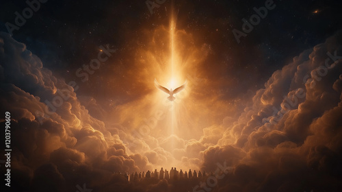 Celestial Eagle: A majestic eagle soars through a radiant beam of light amidst dramatic clouds, creating a powerful and awe-inspiring image of hope and divine intervention. photo