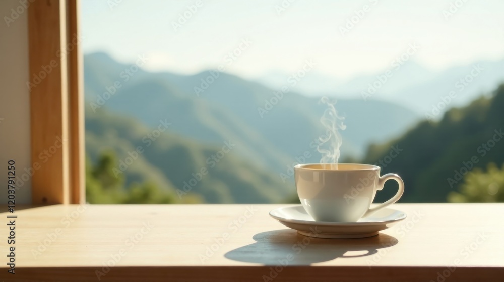 Aromatic Steam Rising from a White Mug, Placed on a Wooden Surface Near a Window with a Breathtaking Mountain View in the Background Aromatic Steam Rising from a White Mug, Placed on a Wooden Surface Near a Window with a Breathtaking Mountain View in the Background