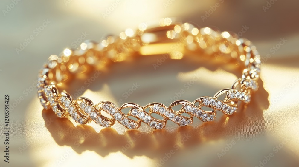 A luxury diamond bracelet on a metallic gold background with soft highlights. A luxury diamond bracelet on a metallic gold background with soft highlights.