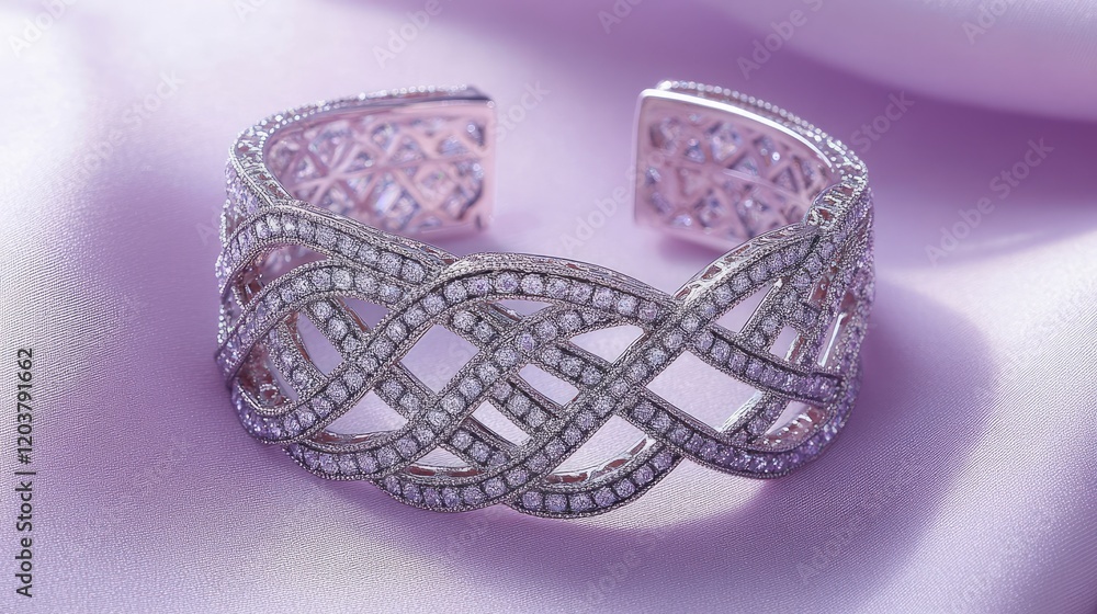 A luxury diamond bracelet with intricate patterns on a soft lavender background. A luxury diamond bracelet with intricate patterns on a soft lavender background.