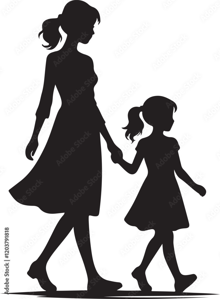 Mother and Daughter Walking Silhouette Vector Illustration - Family Bond Clipart Design