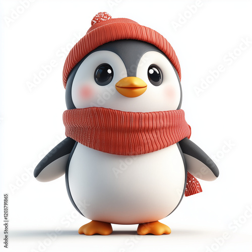 3d penguin in red scarf 