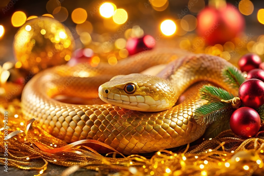 Macro Festive Golden Snake: Coiled Reptile with Sparkling Holiday Decorations and Stars Macro Festive Golden Snake: Coiled Reptile with Sparkling Holiday Decorations and Stars