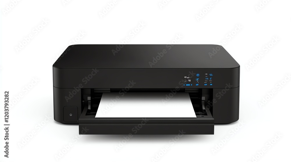 A desktop printer with open paper tray, photorealistic, black, isolated on white background A desktop printer with open paper tray, photorealistic, black, isolated on white background