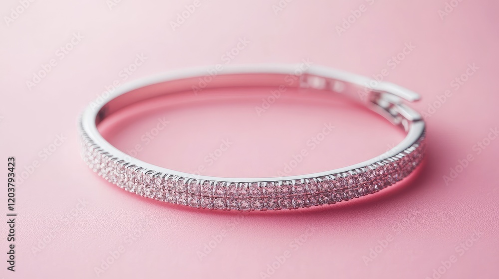 A modern diamond bracelet placed on a gradient pastel pink background. A modern diamond bracelet placed on a gradient pastel pink background.