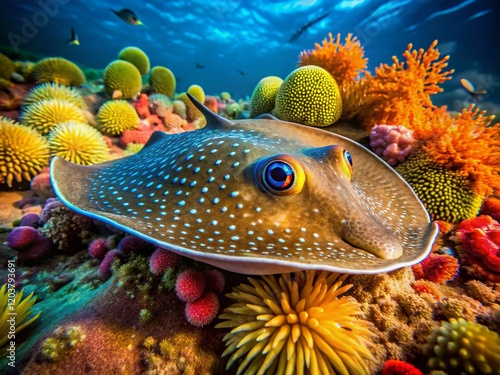 Macro Photography: California Reef Torpedo Ray, Close-up Detail of Pacific Ocean Fish photo