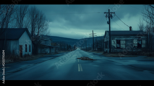 A desolate, abandoned town at twilight, with empty streets and wind rustling through cracked windows, creating a haunting, eerie calm.

