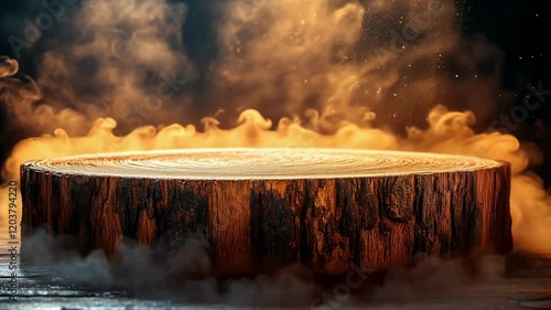 Mesmerizing wooden stump surrounded by swirling mist and fire elements