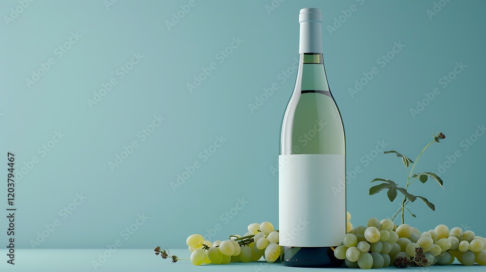 Fototapeta premium Elegant wine bottle with blank label surrounded by fresh green grapes on a soft blue background
