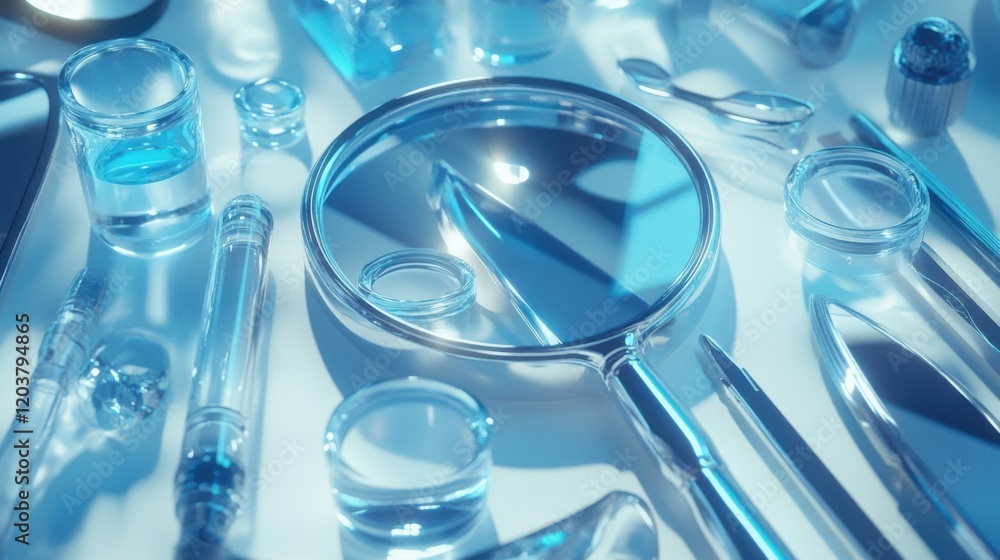 Close-up of various glass laboratory tools and utensils arranged artistically with reflections Close-up of various glass laboratory tools and utensils arranged artistically with reflections