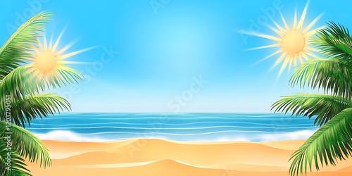  Beach with palm trees and sea on a clear day
