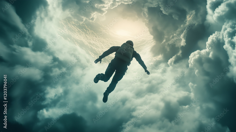 Exhilaration: A person skydiving through a sky filled with clouds, their face lit with joy and adrenaline as the wind rushes past them at incredible speed. Exhilaration: A person skydiving through a sky filled with clouds, their face lit with joy and adrenaline as the wind rushes past them at incredible speed.