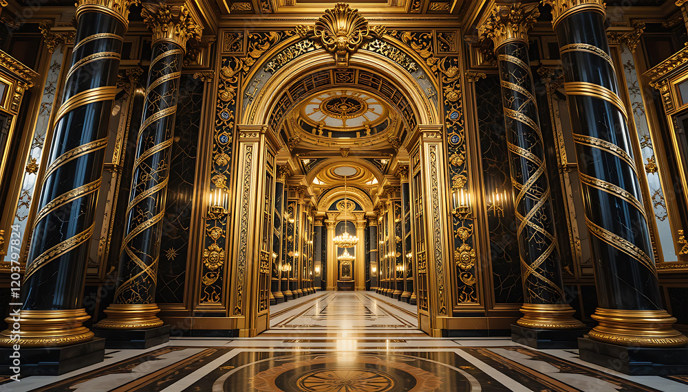 Fototapeta premium Grand Gold Palace Hall Marble Floor Black Columns Elegant Decor
