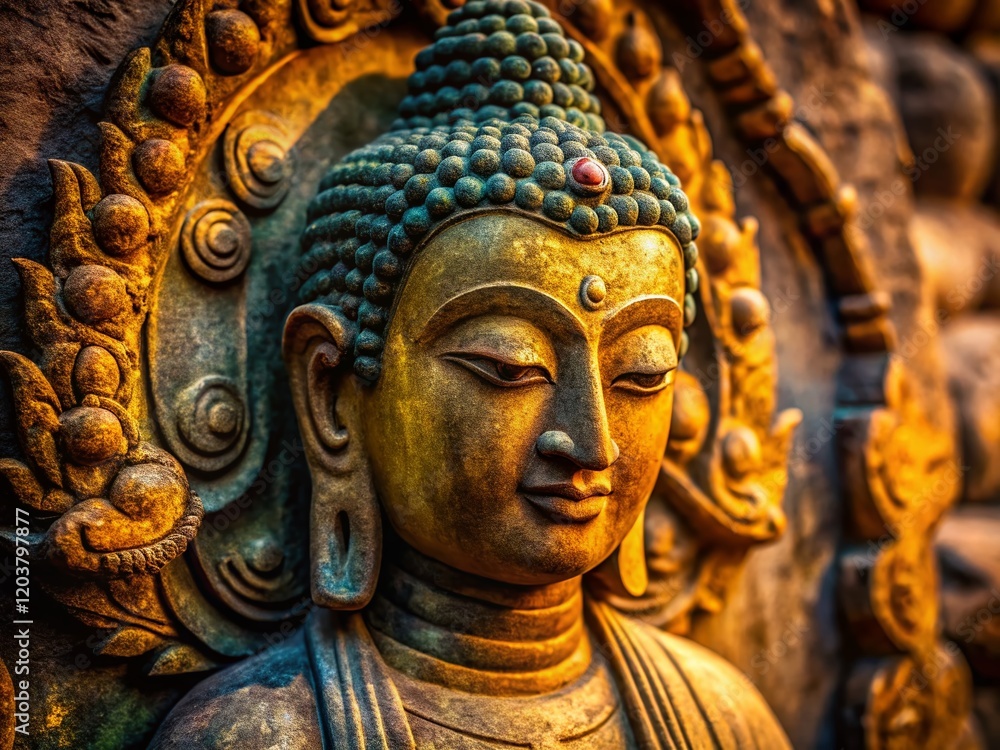 Macro Photography of a Buddha Statue Detail: Intricate Carvings & Peaceful Serenity Macro Photography of a Buddha Statue Detail: Intricate Carvings & Peaceful Serenity