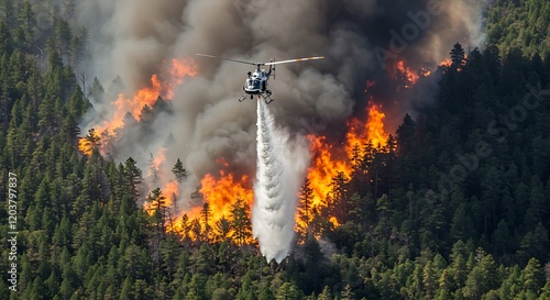 Fire fighting helicopter carry water bucket to extinguish the forest fire generative ai