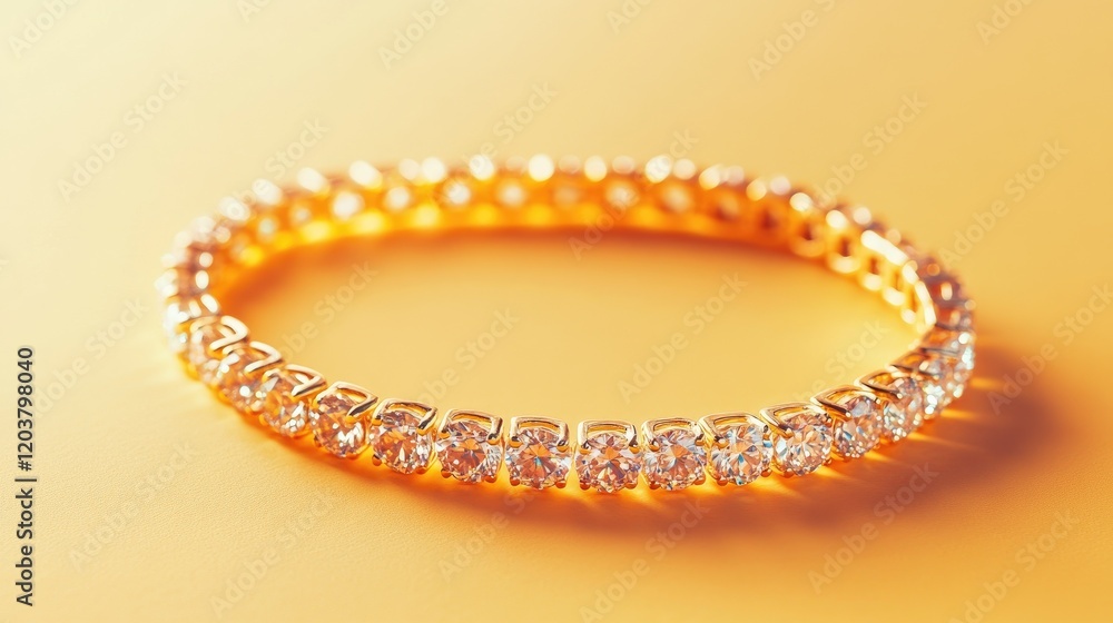 A shimmering diamond bracelet placed on a gradient pastel yellow background. A shimmering diamond bracelet placed on a gradient pastel yellow background.