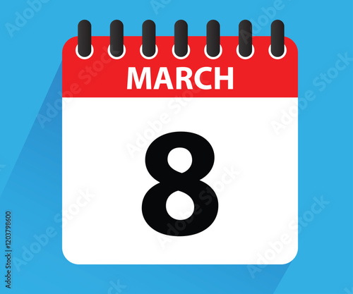 March 8. Calendar icon. flat style, Womens Day, red letter day.Calendar for 2025 year. Holidays in March. Vector illustration