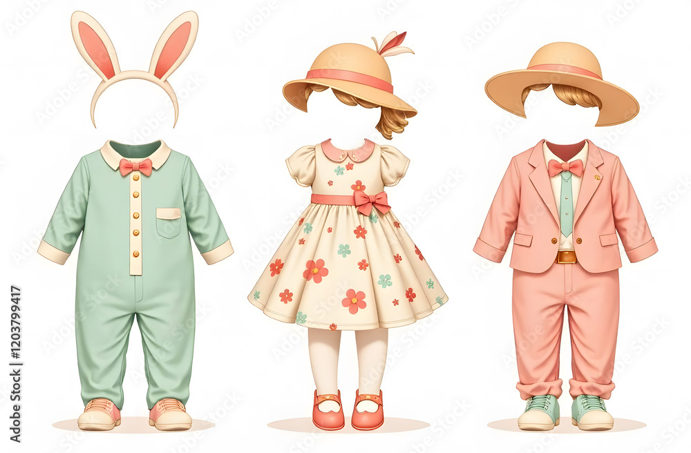 Adorable Easter Outfits for Kids. A charming display of three Easter outfits for children: a pastel onesie with bunny ears, a floral dress with matching hat, and a pastel suit with a bow tie. Adorable Easter Outfits for Kids. A charming display of three Easter outfits for children: a pastel onesie with bunny ears, a floral dress with matching hat, and a pastel suit with a bow tie.