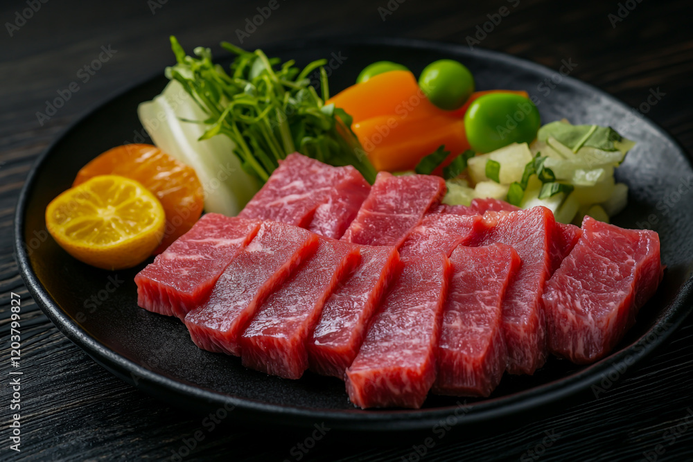 An elegant dish of meat with vibrant vegetables, beautifully presented on a sleek black plate An elegant dish of meat with vibrant vegetables, beautifully presented on a sleek black plate