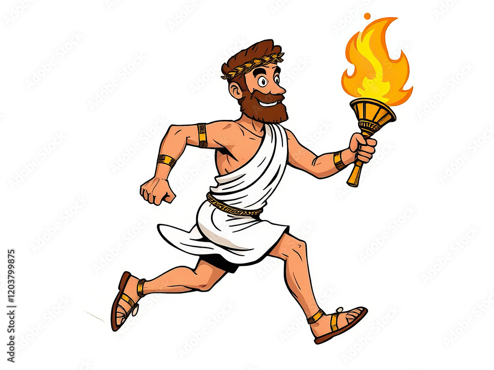 man in a white tunic with a laurel wreath runs with a golden torch man in a white tunic with a laurel wreath runs with a golden torch