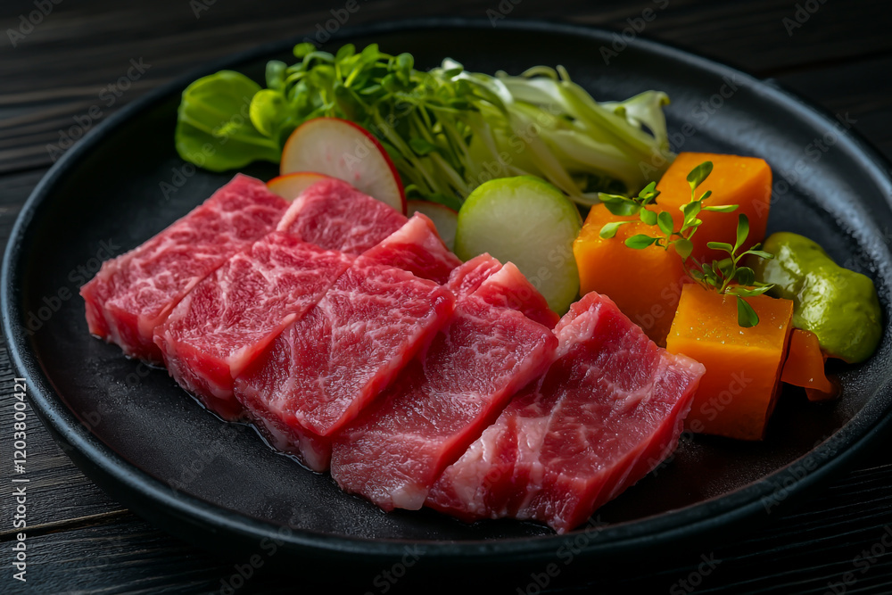 An elegant dish of meat with vibrant vegetables, beautifully presented on a sleek black plate An elegant dish of meat with vibrant vegetables, beautifully presented on a sleek black plate
