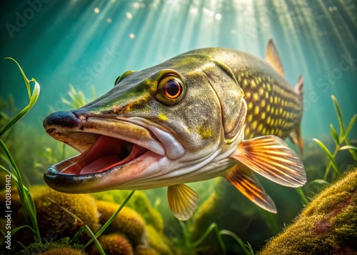 Macro Underwater Photography: Northern Pike Close-Up, Esox Lucius Detail, Fish Eye, Aquatic Life photo