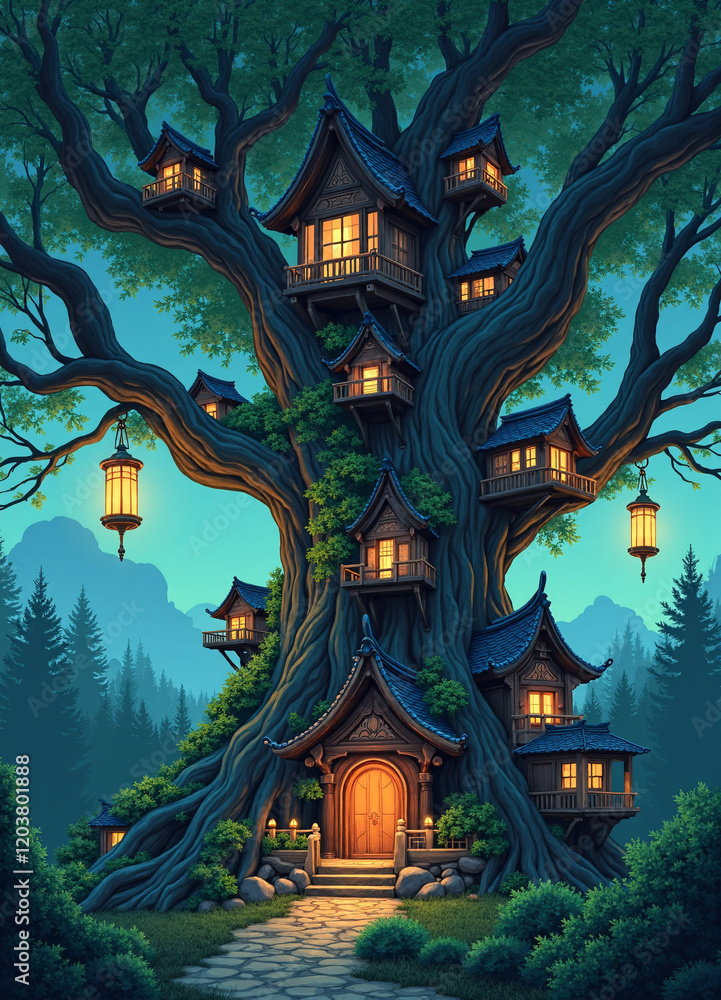 Fototapeta premium tree, lantern, treehouse, sfw, original, night, no human, lanterns, mountain, scenery, nature, outdoors, forest, house