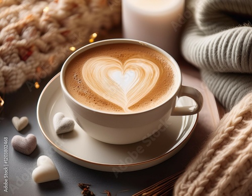 a delightful cup of latte with heart art surrounded by soft knits and warm decor for relaxation