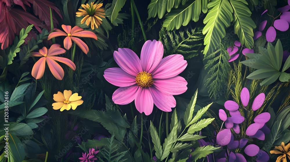 Obraz premium Vibrant pink cosmos flower amidst lush green foliage