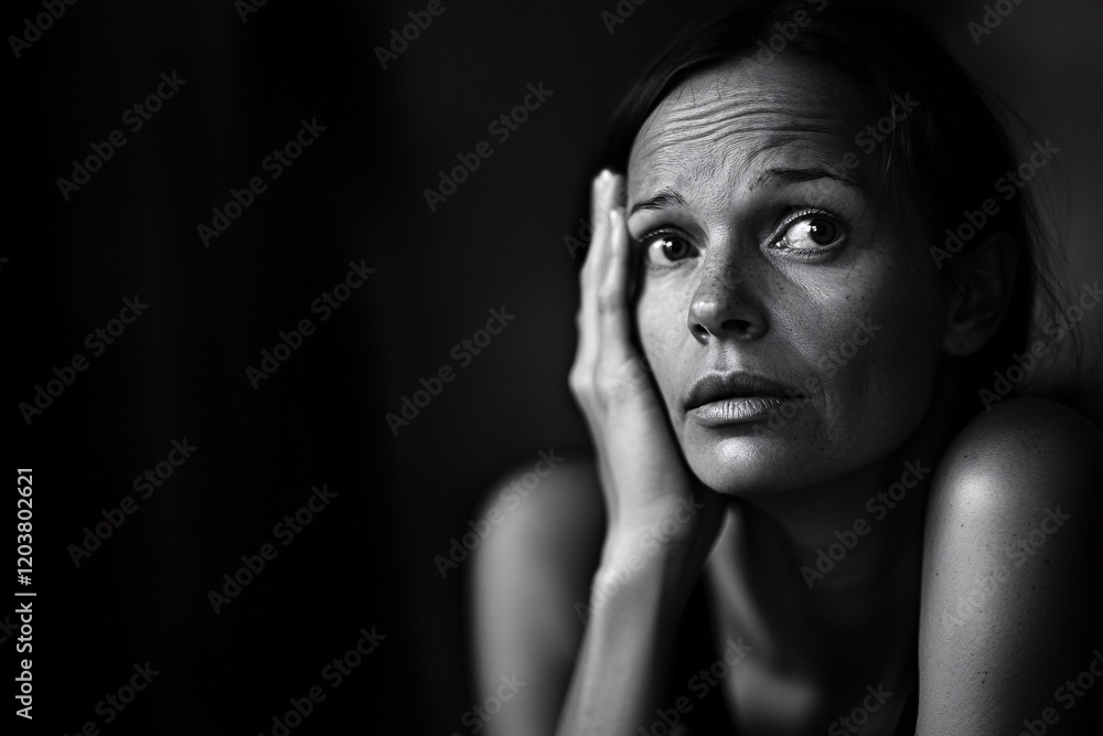 Black and White Portrait of a Middle-Aged Woman Resting Her Head on Her Hand, Looking Tired Black and White Portrait of a Middle-Aged Woman Resting Her Head on Her Hand, Looking Tired