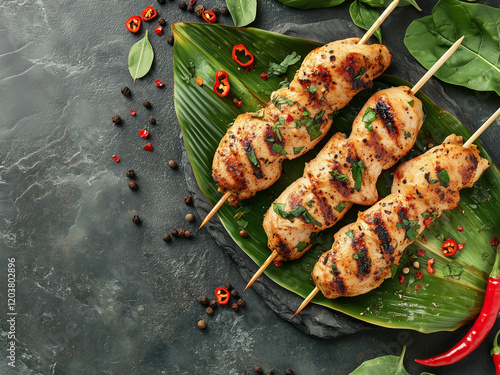 Chicken kebab satey skewers on a banana leaf plate.  photo