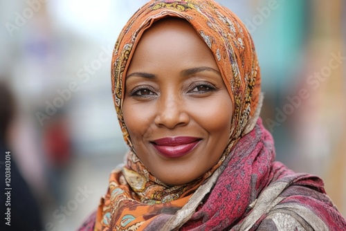 Smiling woman wearing an orange scarf poses amidst vibrant flowers in a seren...