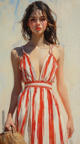 Woman in red and white striped dress holding a woven basket during a sunny da...