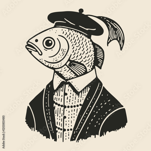 fish wearing renaissance era costume, medieval style vintage portrait