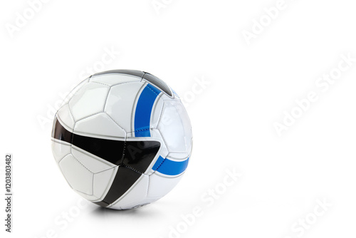 Modern soccer ball featuring blue and black accents shot against a plain white background.