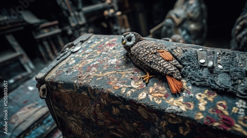 Small owl perched atop a vintage, distressed trunk. photo