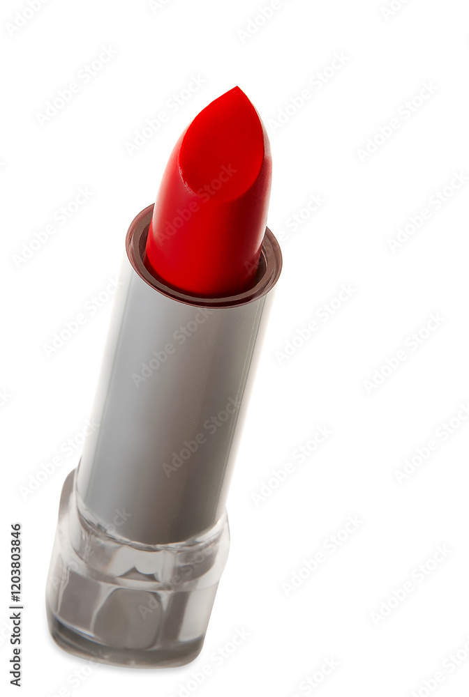 Close-up of a vibrant red lipstick with a silver casing on white background. Close-up of a vibrant red lipstick with a silver casing on white background.