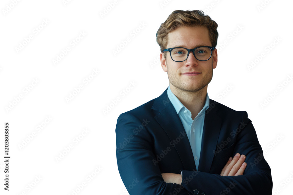 Business man in glasses and formal clothes looking at viewer with confidence and friendly smile, standing with arms crossed, isolated on blue background Business man in glasses and formal clothes looking at viewer with confidence and friendly smile, standing with arms crossed, isolated on blue background
