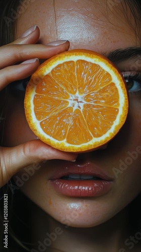 Girl holding a slice of orange in front of her face against a dark background...