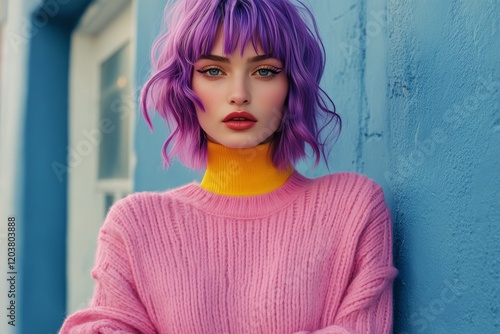 Young woman with purple hair wearing a pink sweater and yellow pants sitting ...
