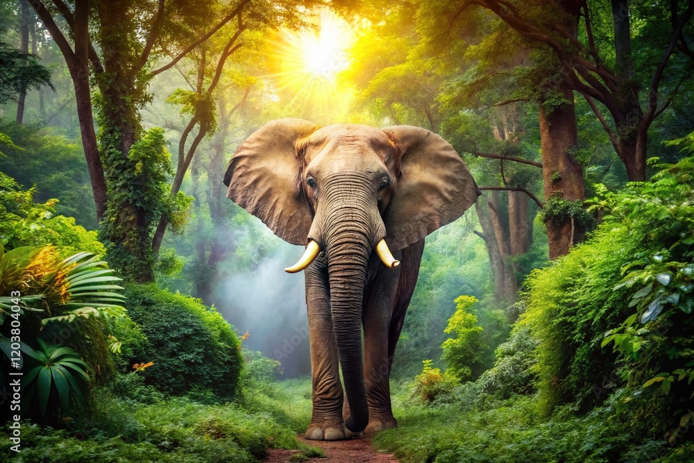 Fototapeta premium Majestic African Forest Elephant in Lush Green Habitat - Wildlife Conservation Stock Photo