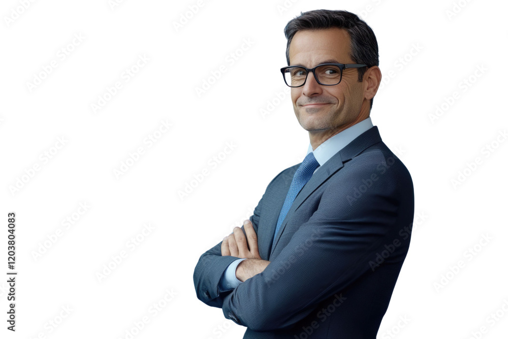 Business man in glasses and formal clothes looking at viewer with confidence and friendly smile, standing with arms crossed, isolated on blue background Business man in glasses and formal clothes looking at viewer with confidence and friendly smile, standing with arms crossed, isolated on blue background