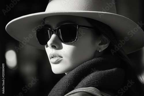 Elegance and style highlighted by a fashionable hat and sunglasses on a city ...