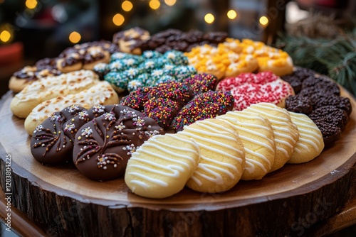 Various decorated cookies arranged on a wooden platter during a festive gathe...