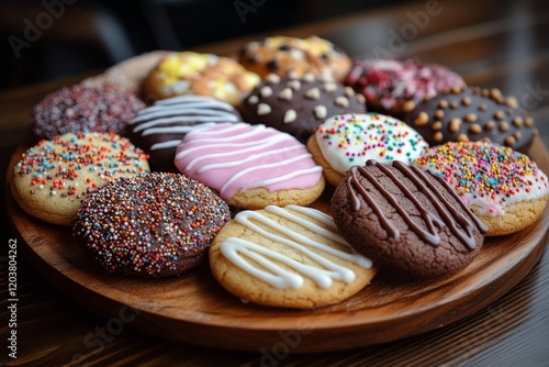 Various decorated cookies arranged on a wooden platter during a festive gathe...