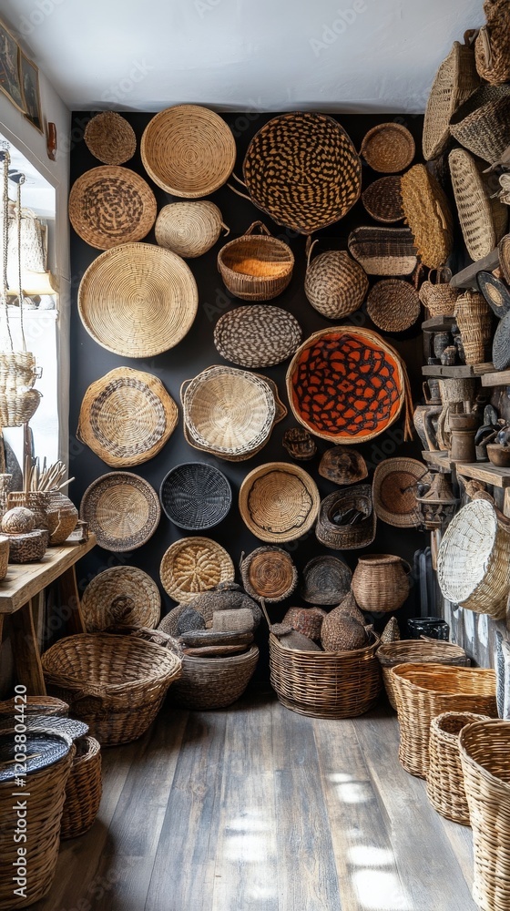Beautifully arranged woven baskets on display in a cozy interior setting Beautifully arranged woven baskets on display in a cozy interior setting