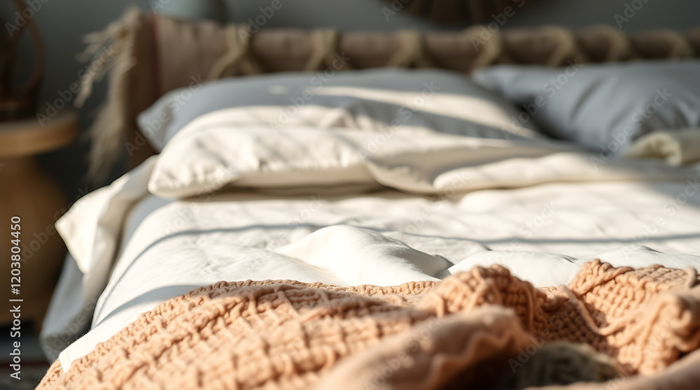 Obraz premium Cozy Bedroom Scene: Sunlight Illuminates a Soft Knitted Blanket on a Made Bed, Creating a Peaceful and Serene Atmosphere